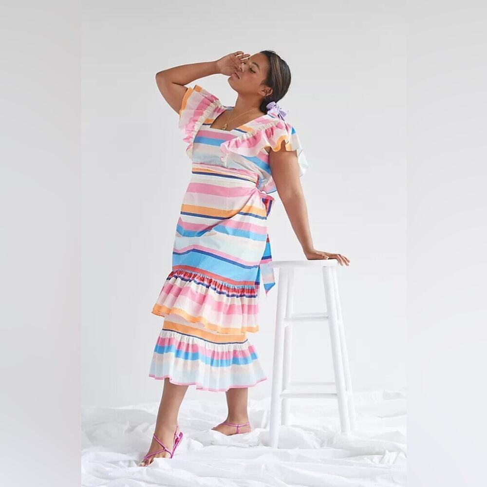 NWT Plenty by Tracy Reese Ruffle Maxi Dress in Rainbow Stripe Size Medium Petite